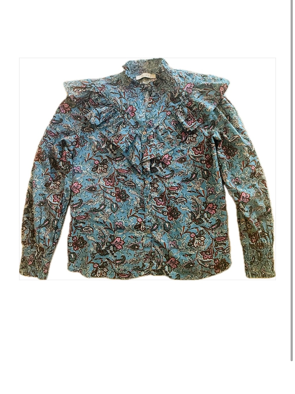 LOFT Teal Floral Ruffle Neck Blouse